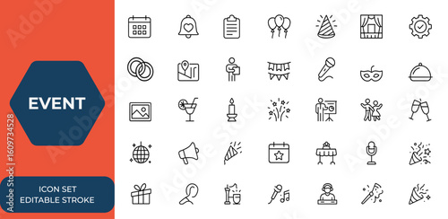 Linear style event icons set for web and mobile app. Wedding, entertainment, catering, invitations, event organisation, management, coordination, planning vector illustration, and more.