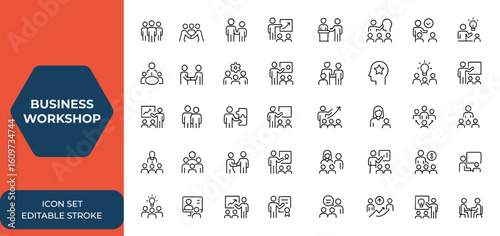 Business workshop icons set in line style for web and mobile app. Includes teamwork, team building, coaching, meeting, motivation, managing, collaboration, leadership, training and more.