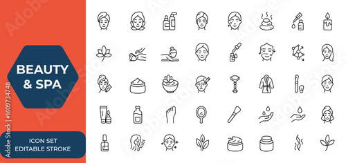 Line style web icons set for Beauty & Spa. Cosmetics and skin care icons for mobile app and web. Includes spa treatments, massage, anti ageing, serum, hyaluronic acid, pore tighten and more.