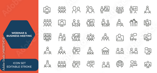 Live webinar and business meeting icon set in line style for web and mobile apps. Includes team, discussion, interview, classroom, conference, work, collaboration symbols and more.