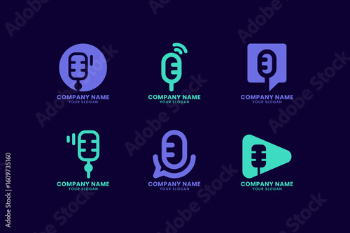 Minimalist Modern Podcast Microphone Logo Icon Set. Creative Audio and Voice Branding Collection