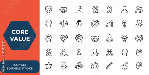 Editable stroke core value icon collection. Thin line vector icons set illustrating core values and principles. Business ethics, company culture, leadership, integrity, teamwork, success and more.