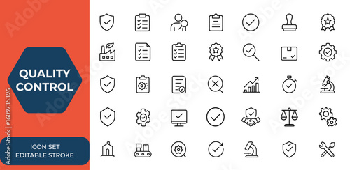 Line style quality control icon set for web and mobile apps. Quality assurance, inspection, evaluation, testing, certificate, production, computing, process icons, reliable symbols, and more.