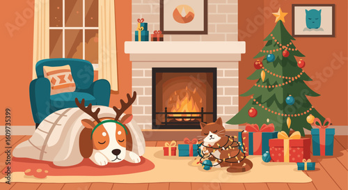 Festive Puppy Nap Under Cozy Blanket Amidst Christmas Decorations