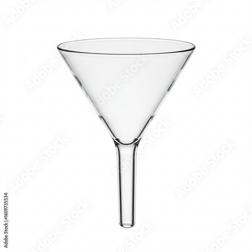 A single clear glass funnel with a cone-shaped body and stem, essential laboratory glassware for filtering liquids in science or chemistry
