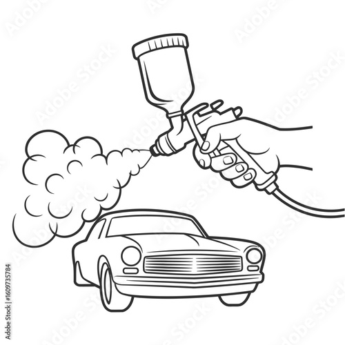 Hand holding spray gun painting a classic car with a cloud of paint