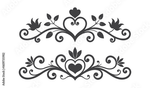 Two ornate floral scroll work designs featuring hearts and leaves silhouette isolated on white background