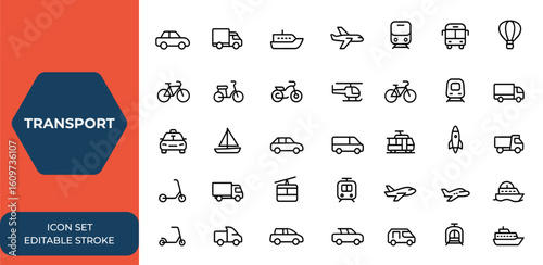 Linear transport icon set for web and mobile apps. Delivery, vehicle, and public transport icons including car, bike, train, bus, plane, metro, ship, helicopter, bulldozer, bicycle, commute and more.
