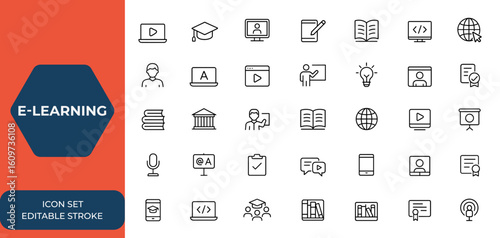 Editable stroke e-learning icon set. Thin line vector icons collection for online education, digital learning, training, course, tutorial, study, technology, web design, UI, app, education, and more.