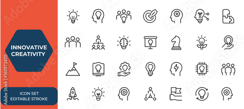 Innovative creativity icon set in line style for web and mobile apps. Business solution icons including invention, team management, brainstorming, creative idea. Vector illustration and more.