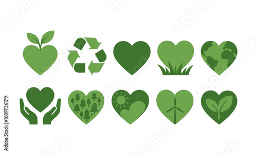 Eco icons collection: green heart symbols for sustainability and nature awareness
