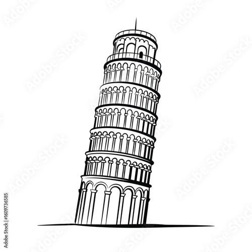 Hand drawn sketch of the leaning tower of pisa in italy