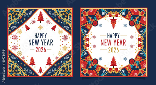 Festive Holiday Greeting Designs Celebrating New Year 2026 with Ornate Borders