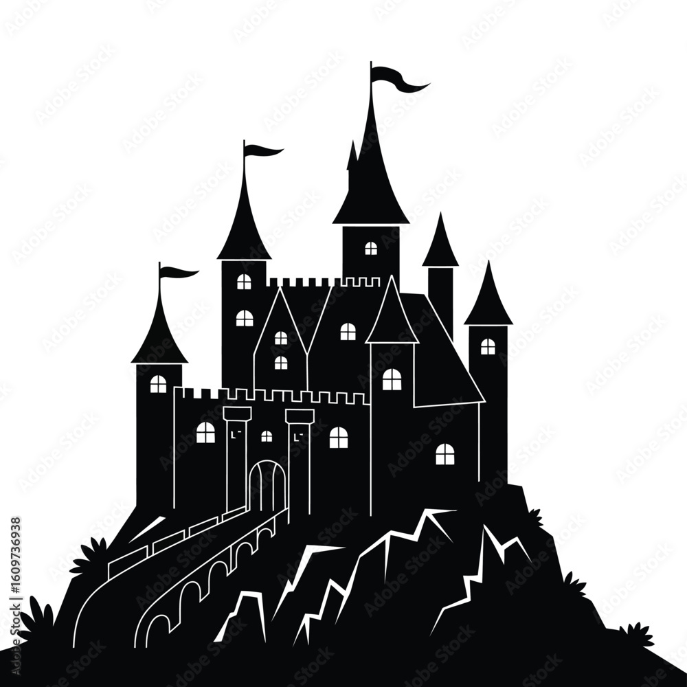 Fototapeta premium Silhouette of a grand medieval castle perched on a rocky hill