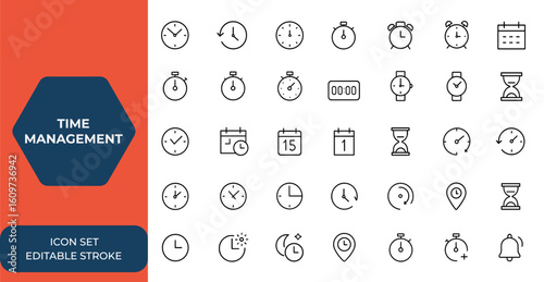 Set of line style web icons for clock and time management. Includes timer, countdown, alarm, calendar, watch, speed, recovery, date, simple icons for mobile and web app. Vector illustration and more.