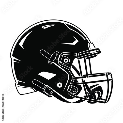 Black american football helmet with white highlights on a white background