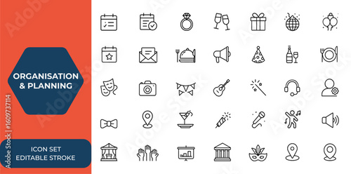 Linear style web icons set for event organisation and planning. Wedding, entertainment, invitations, catering, coordination, management icons for mobile app. Vector illustration and more.