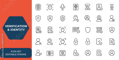 Verification and identity icon set in line style for mobile and web apps. Includes fingerprint, face ID, voice recognition, passport, DNA, ID card. Vector illustration, security, authentication
