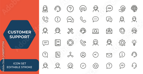 Editable stroke customer support icon set. Thin line help and service icons collection for vector illustration, assistance, communication, call center, FAQ, contact, support team, hotline and more.