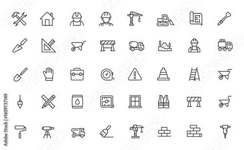 Construction and building line icons set for web and mobile apps. Tools, home repair, contractor, crane, excavator, land, builders, vector illustration, architecture, renovation and more.