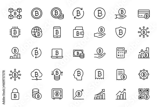 Bitcoin linear icon collection in editable stroke style. Cryptocurrency web icon set including blockchain, crypto currency, money, mining, exchange, payment, technology, finance, digital assets.