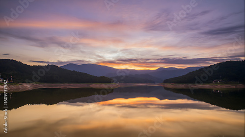 Serene Sunset Over Mountain Lake Reflection