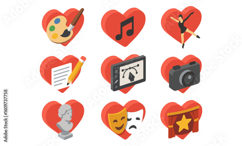 Isometric icons of art and creativity inside heart shapes
