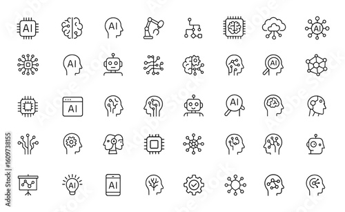 Line style AI icon set for web and mobile apps. Artificial intelligence technology icons featuring machine learning, smart robotics, algorithm, cloud computing, digital AI network and more.