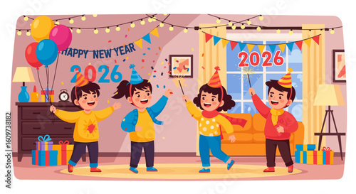 Celebrating the arrival of the new year with festive decorations and joyous children