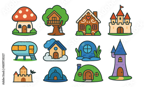 Whimsical cartoon houses: fantasy architecture collection with mushrooms, castles, and treehouses