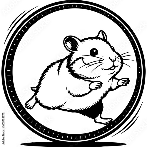 Happy Hamster Running in Circular Frame, Woodcut Style Vector Illustration with Bold Clean Lines, Cute Pet Animal Design