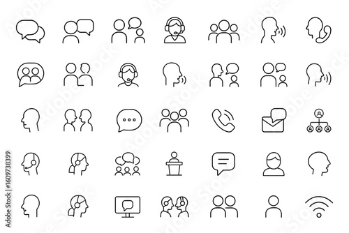 Communication and speaking web icon set in line style. Speech bubble, discussion, support, team, talking, people icons for mobile and web app interface design, social and more.
