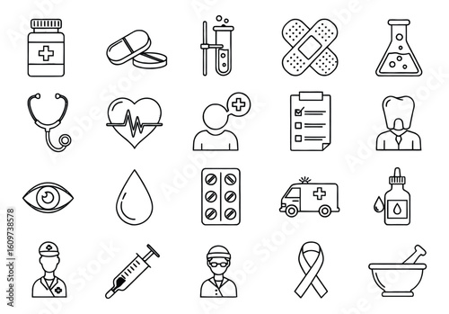Collection of Healthcare and Medical Icons in Line Art Style