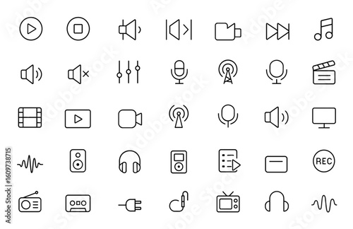 Editable stroke vector icons set for audio and video. Thin line collection of music and video icons. Modern illustration for multimedia, sound, playback, digital, media, player, streaming and more.