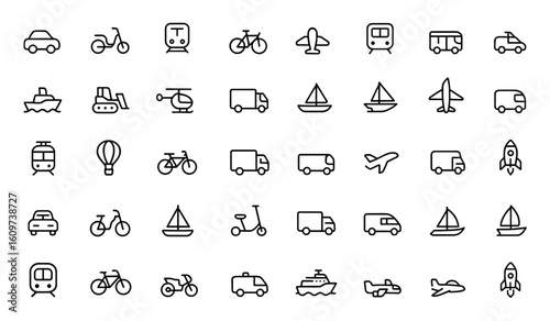 Linear style transport icon set for web and mobile apps. Vehicle, delivery, public transport icons including car, bike, train, bicycle, plane, bus, metro, ship, bulldozer, helicopter, logistics