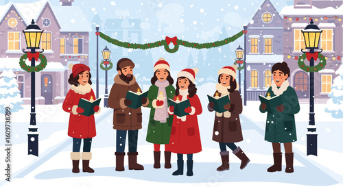 A Festive Winter Caroling Scene in a Snow-Covered Village