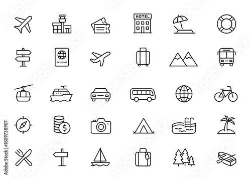 Line style web icon set for travel and tourism. Vacation and tour icons for mobile and web apps. Airport, tickets, hotel, relax, recreational rest, service. Vector illustration, trip, journey and more