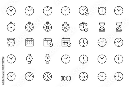 Editable stroke clock and time icon set. Thin line timer and calendar icon collection for digital design. Vector illustration, punctuality, schedule, alarm, deadline, countdown, watch, appointment