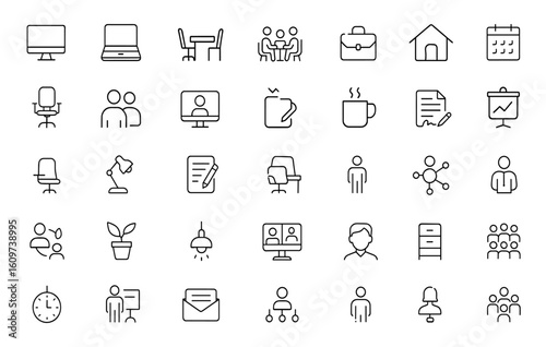 Workspace and office icon set in line style for web and mobile app. Business, coworking, remote working, desk, meeting, co-worker, computer icons and more, productivity, teamwork and more.