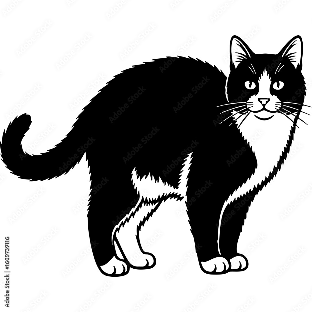 Obraz premium Striking black and white cat illustration in a bold woodcut style with clean graphic lines, domestic feline pet vector art.