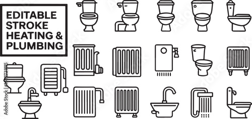 Plumbing Fixtures and Heating Equipment Line Icons