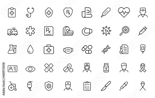 Medical and health care line style icon set for web and mobile apps. Medicine symbols, emergency equipment, RX, MRI, virus, doctor, lab, prescription, healthcare tools and more.