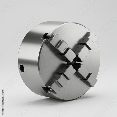 A close-up of a metal lathe chuck, showing its jaws and cylindrical shape against a neutral background.