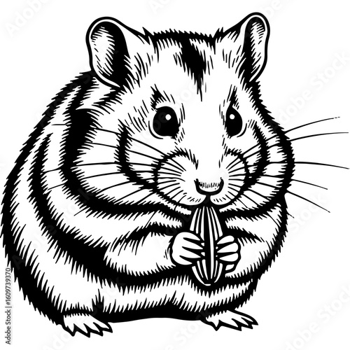 Woodcut Style Hamster Illustration, Black and White Engraved Art of a Cute Rodent Eating a Seed. Bold, Clean Lines Pet Image.