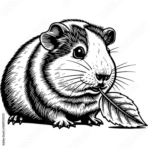 Adorable Guinea Pig Woodcut Style Illustration Eating Leaf. Hand-Drawn Cavy Art with Bold, Clean Lines and Engraving Detail.