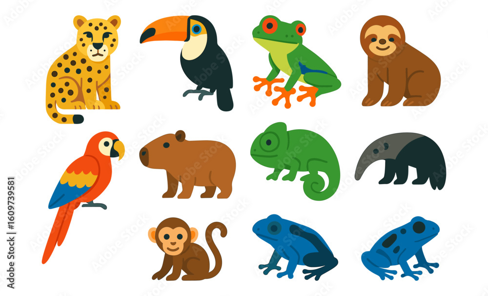 Fototapeta premium Colorful flat jungle animals collection featuring frogs, chameleon, and more