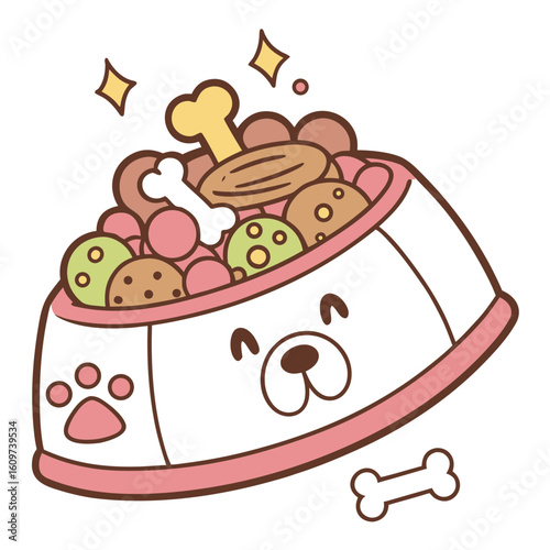 Cute cartoon dog food bowl filled with kibble and a bone