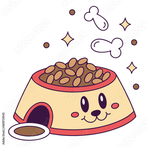 A cute cartoon dog food bowl with kibble and floating bones
