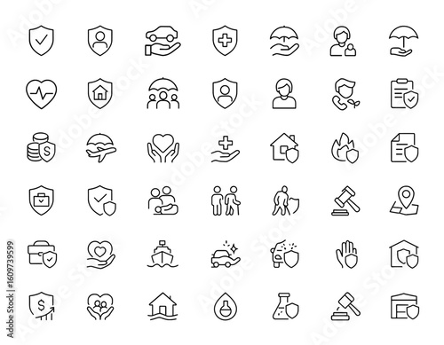 Editable stroke insurance icon set. Thin line vector illustration collection of assurance and insurance icons for web, finance, protection, safety, policy, coverage, risk management, and more.
