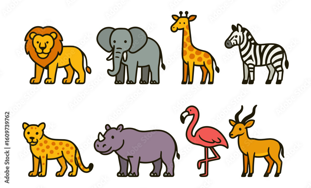 Obraz premium Colorful cartoon safari animals collection for children's art projects